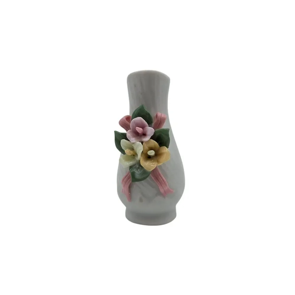 Vintage Miniature Bud Vase Porcelain 3D Applied Flowers Pink Ribbon Ribbed 3